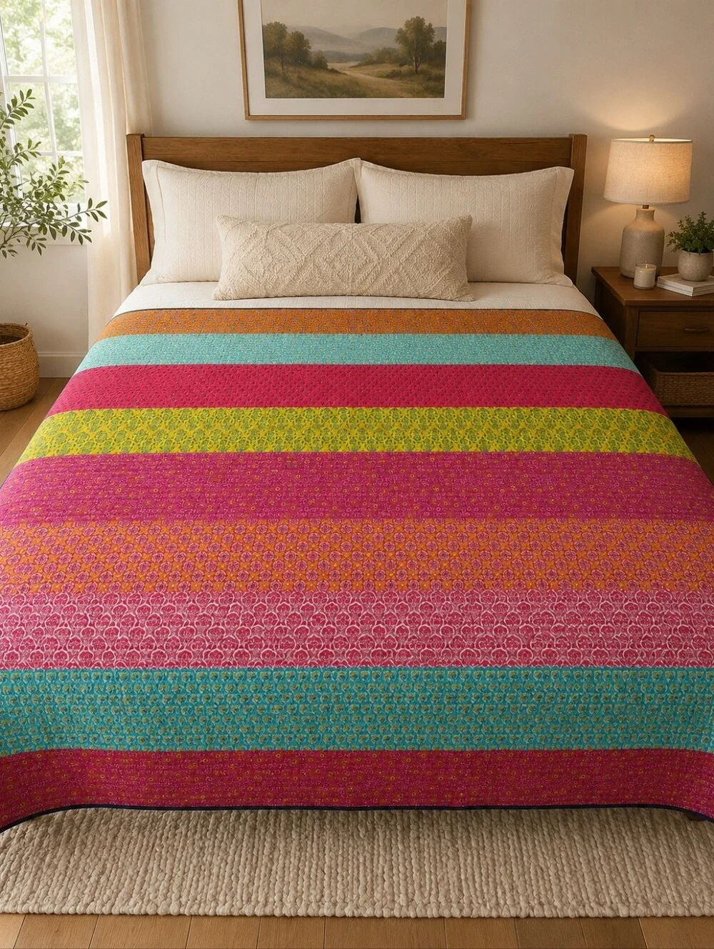Anthology King Quilt 106x96 Colorful Floral Boho Reversible Cotton Patchwork